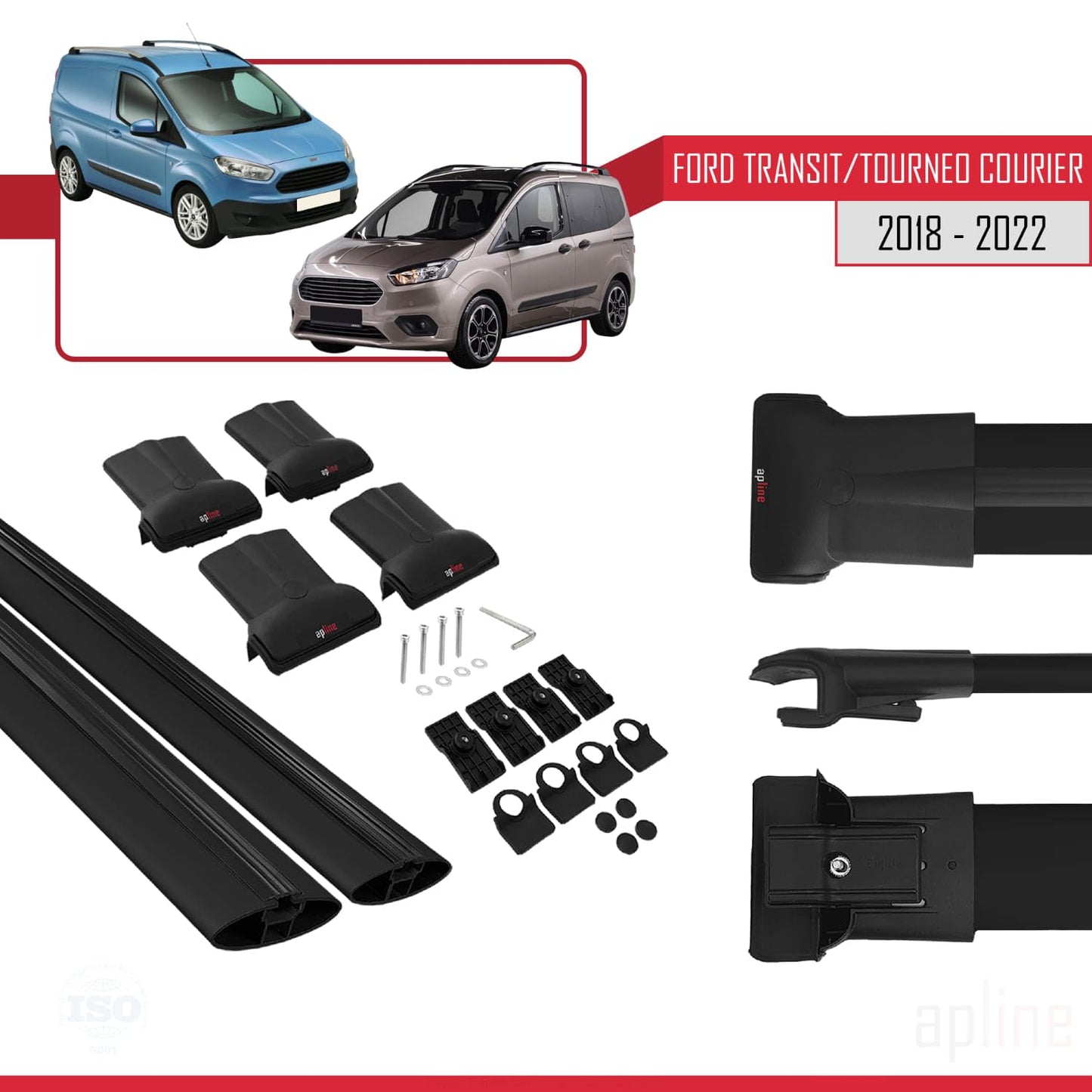 Compatible with Ford Transit/Tourneo Courier Post-Facelift 2018-2022 Fly Model Car Roof Rack Cross Bar Black Aluminium 2 Bars