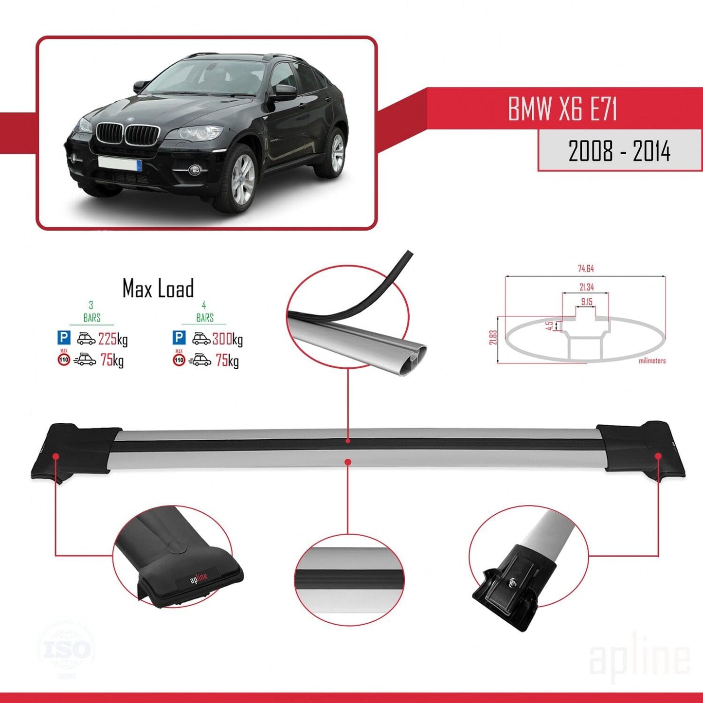 Compatible with BMW X6 (E71) 2008-2014 Fly Model Car Roof Rack Cross Bar Grey Aluminium 3 Bars