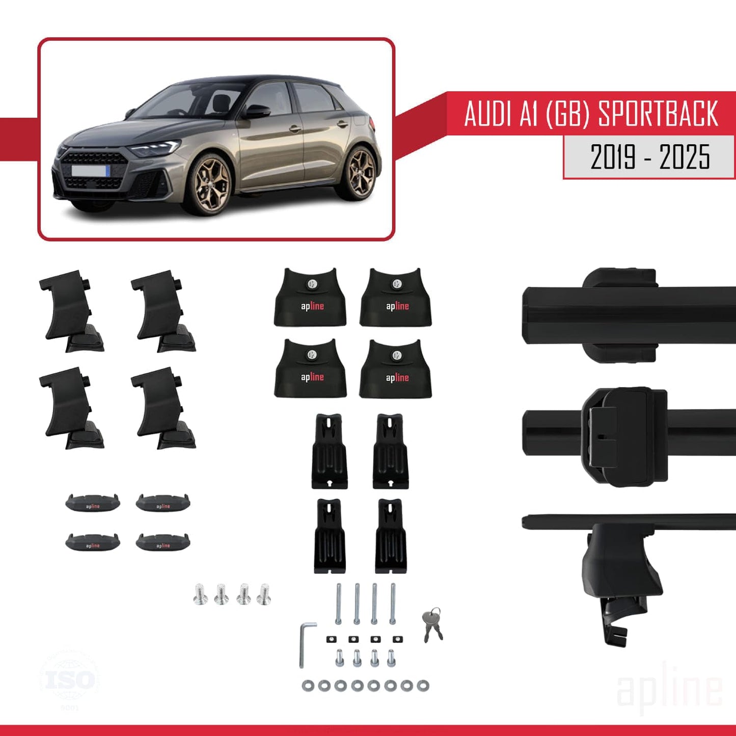 Compatible with Audi A1 (GB) Sportback 2019-2025 ACE-4 Car Roof Rack Cross Bar Black Aluminium 2 Bars