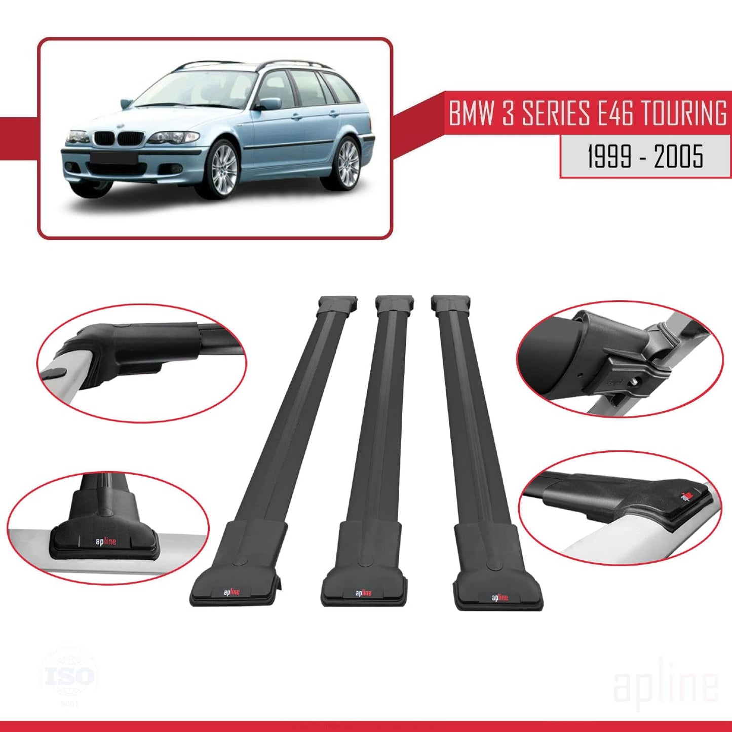 Compatible with BMW 3 Series (E46) Touring 1999-2005 Fly Model Car Roof Rack Cross Bar Black Aluminium 3 Bars
