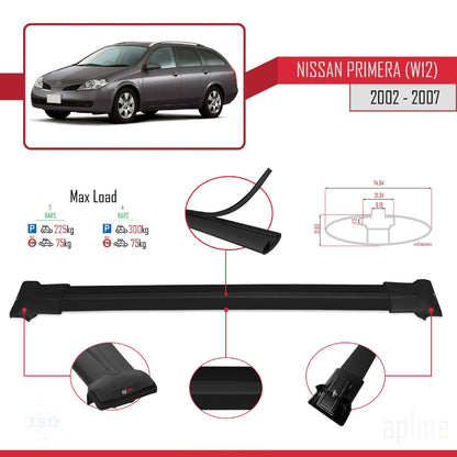 Compatible with Nissan Primera 3 (W12) Traveller 2002-2007 Fly Model Car Roof Rack Cross Bar Black Aluminium 3 Bars
