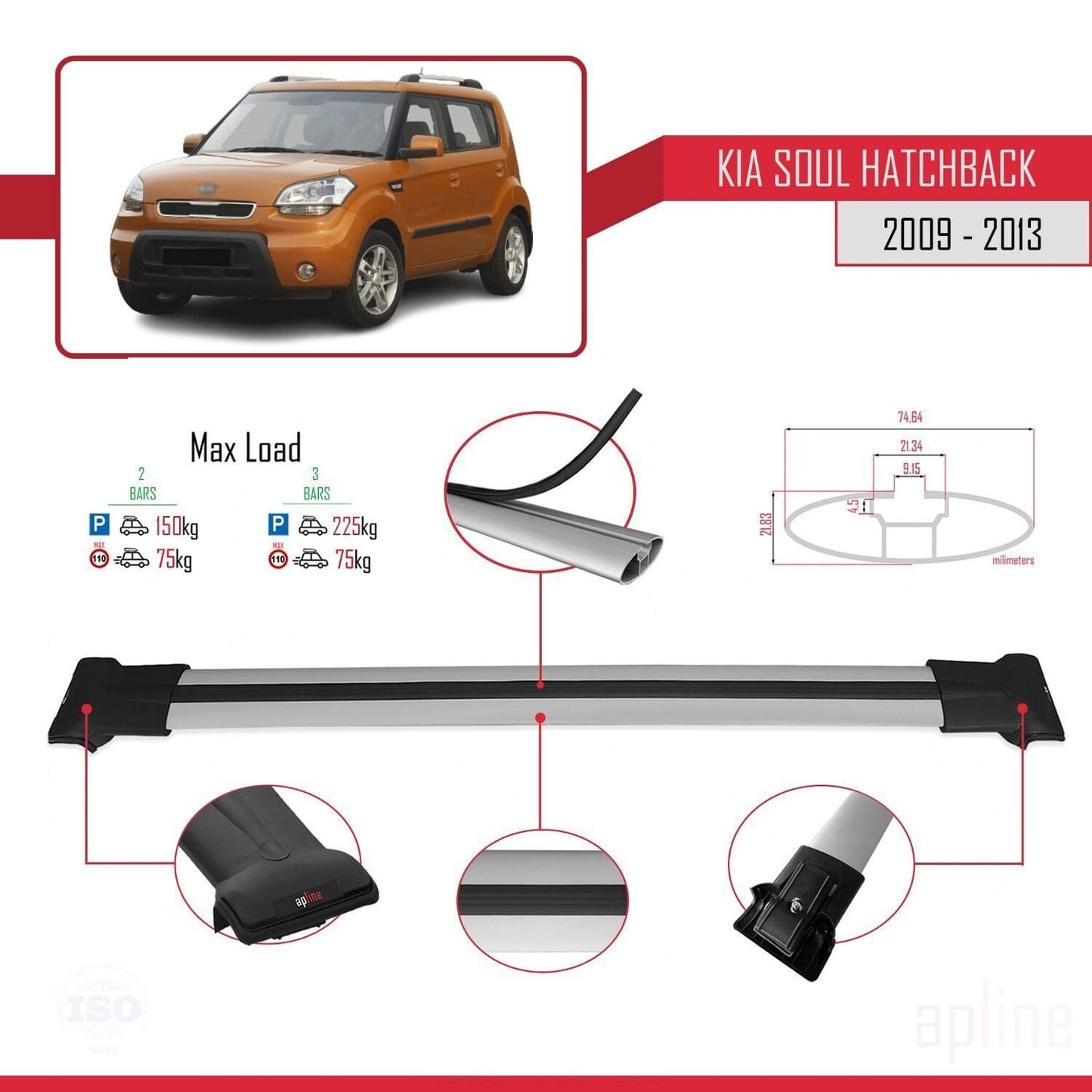 Compatible with Kia Soul (AM) HB 2009-2013 Fly Model Car Roof Rack Cross Bar Grey Aluminium 2 Bars