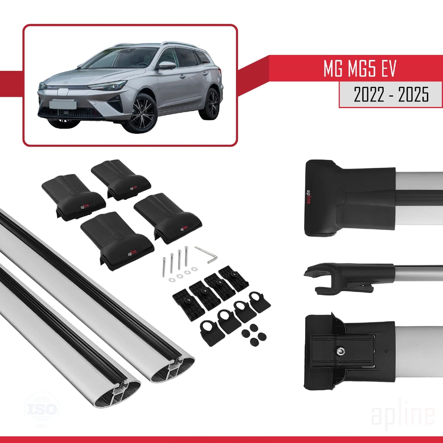 Compatible with MG 5 EV 2022-2025 Fly Model Car Roof Rack Cross Bar Grey Aluminium 2 Bars