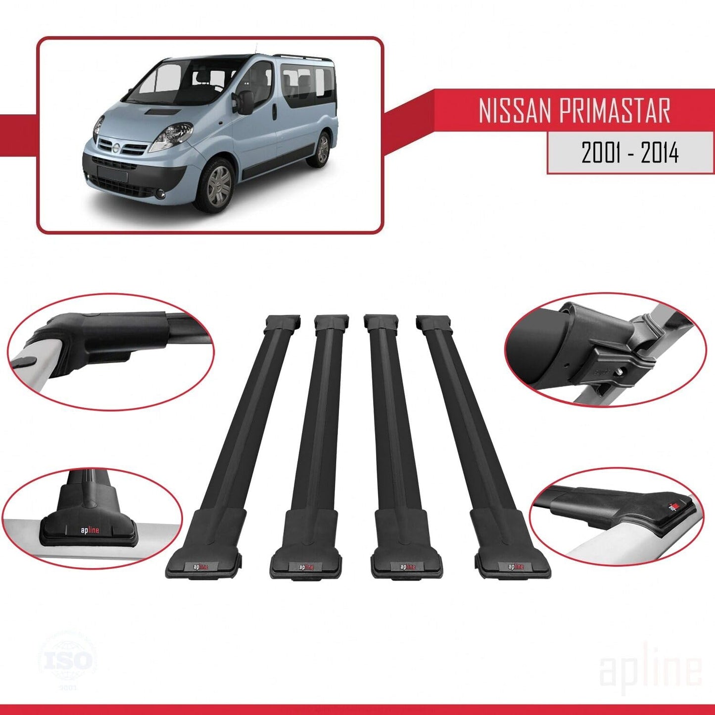 Compatible with Nissan Primastar 2001-2014 Fly Model Car Roof Rack Cross Bar Black Aluminium 4 Bars