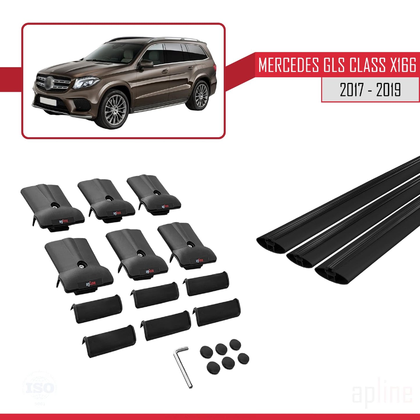 Compatible with Mercedes GLS Class X166 2017-2019 Fly Model Car Roof Rack Cross Bar Black Aluminium 3 Bars