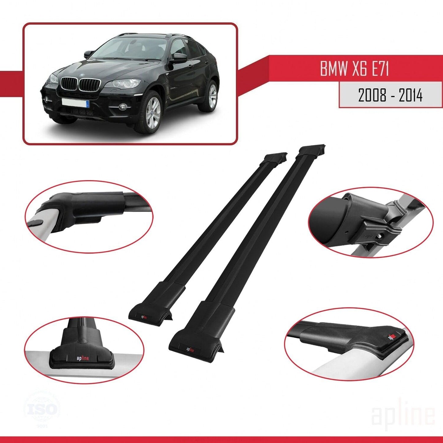 Compatible with BMW X6 (E71) 2008-2014 Fly Model Car Roof Rack Cross Bar Black Aluminium 2 Bars