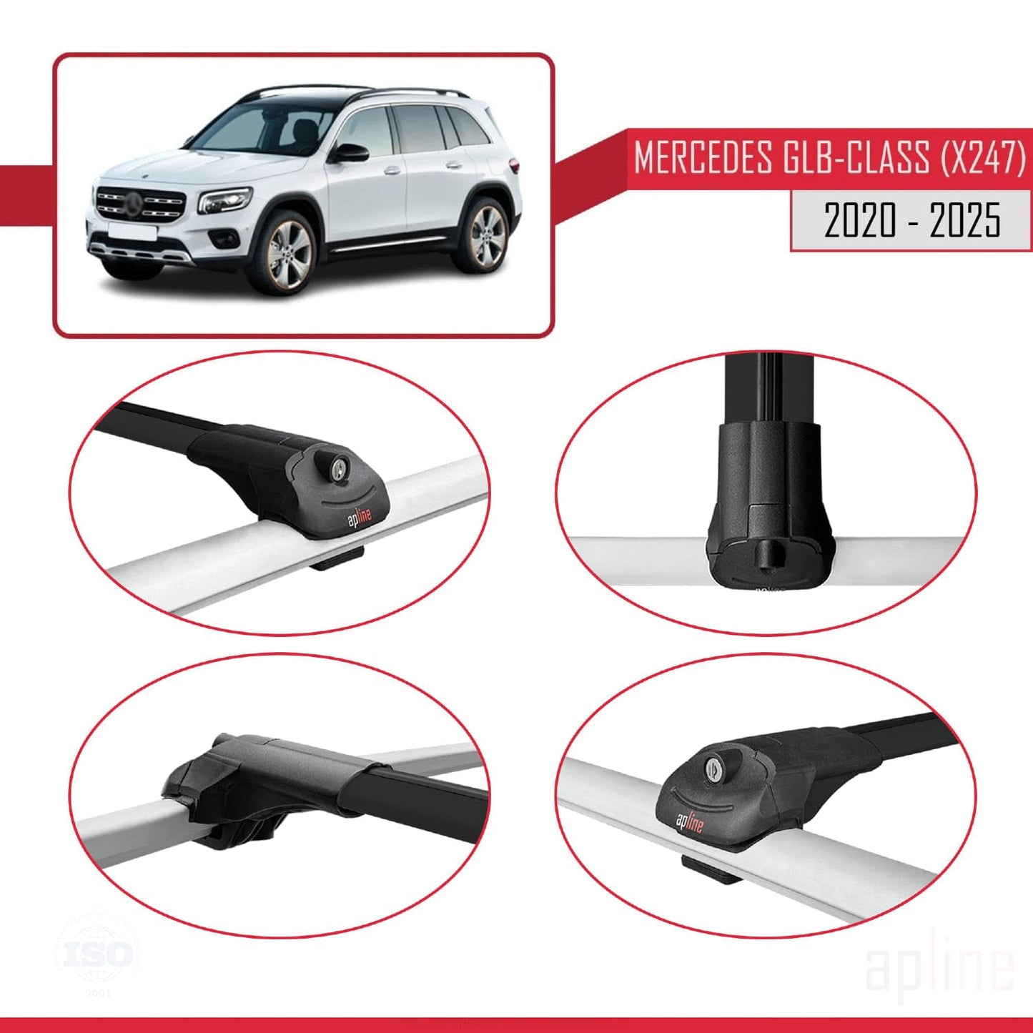 Compatible with Mercedes GLB Class (X247) 2020-2025 ACE-1 Car Roof Rack Cross Bar Black Aluminium 3 Bars