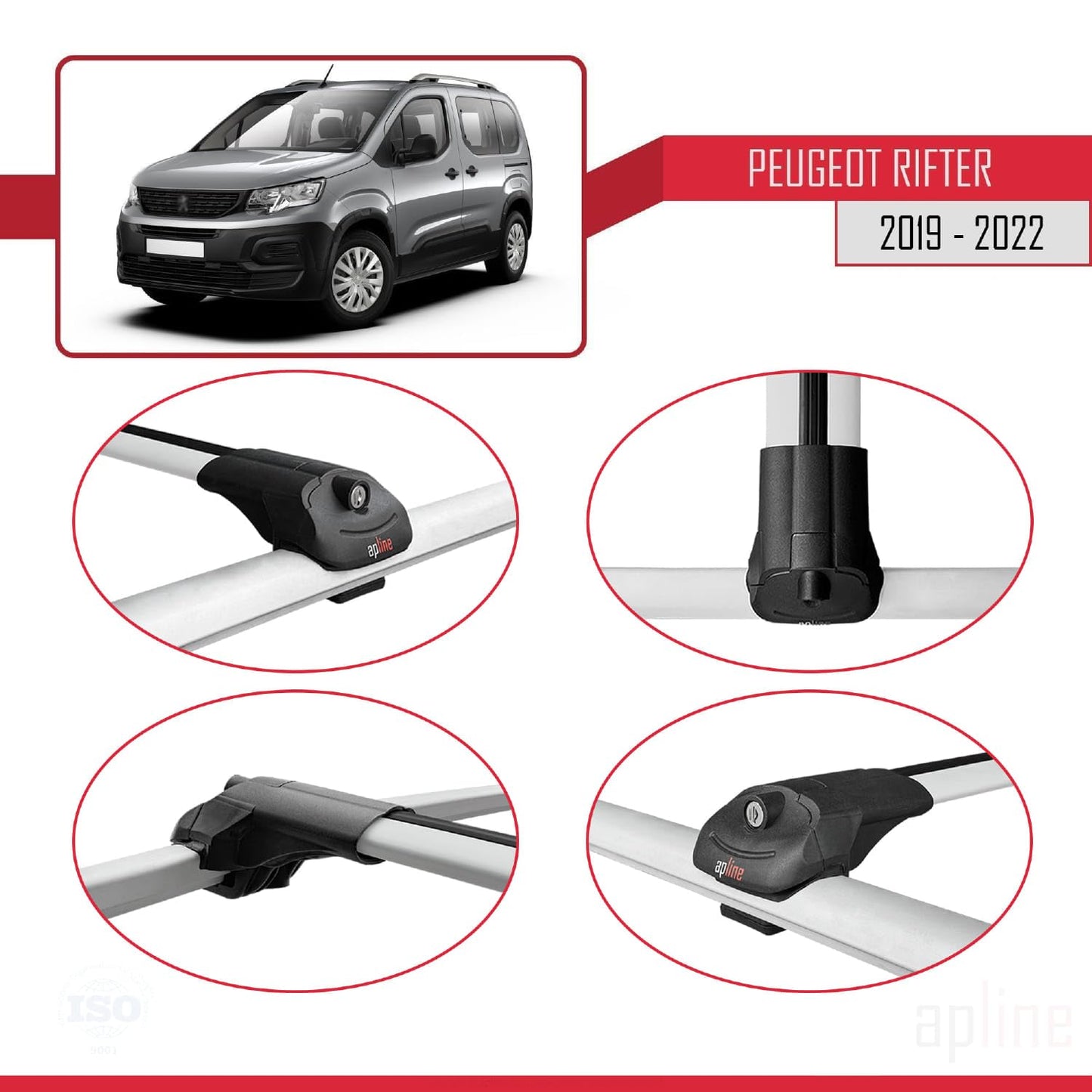 Compatible with Peugeot Rifter 2019-2022 ACE-1 Car Roof Rack Cross Bar Grey Aluminium 2 Bars