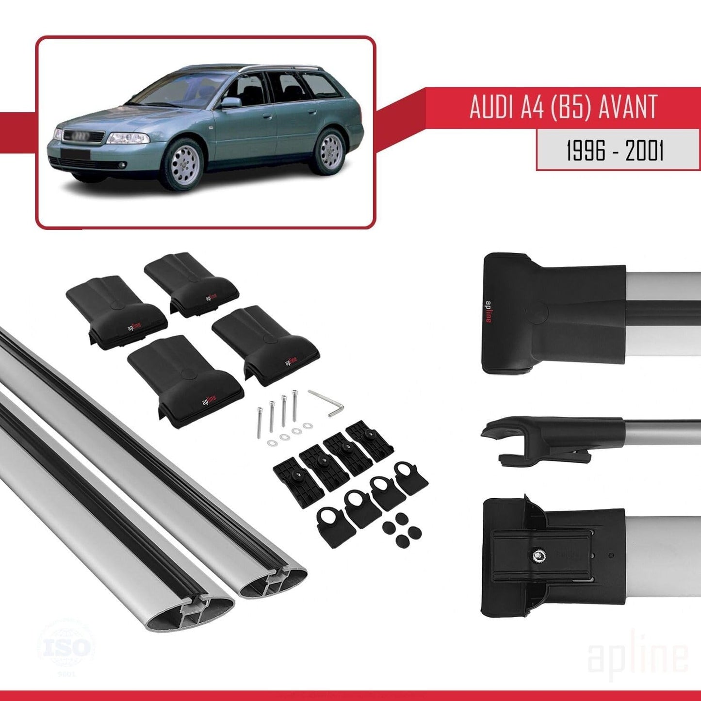 Compatible with Audi A4 (B5) Avant 1996-2001 Fly Model Car Roof Rack Cross Bar Grey Aluminium 2 Bars