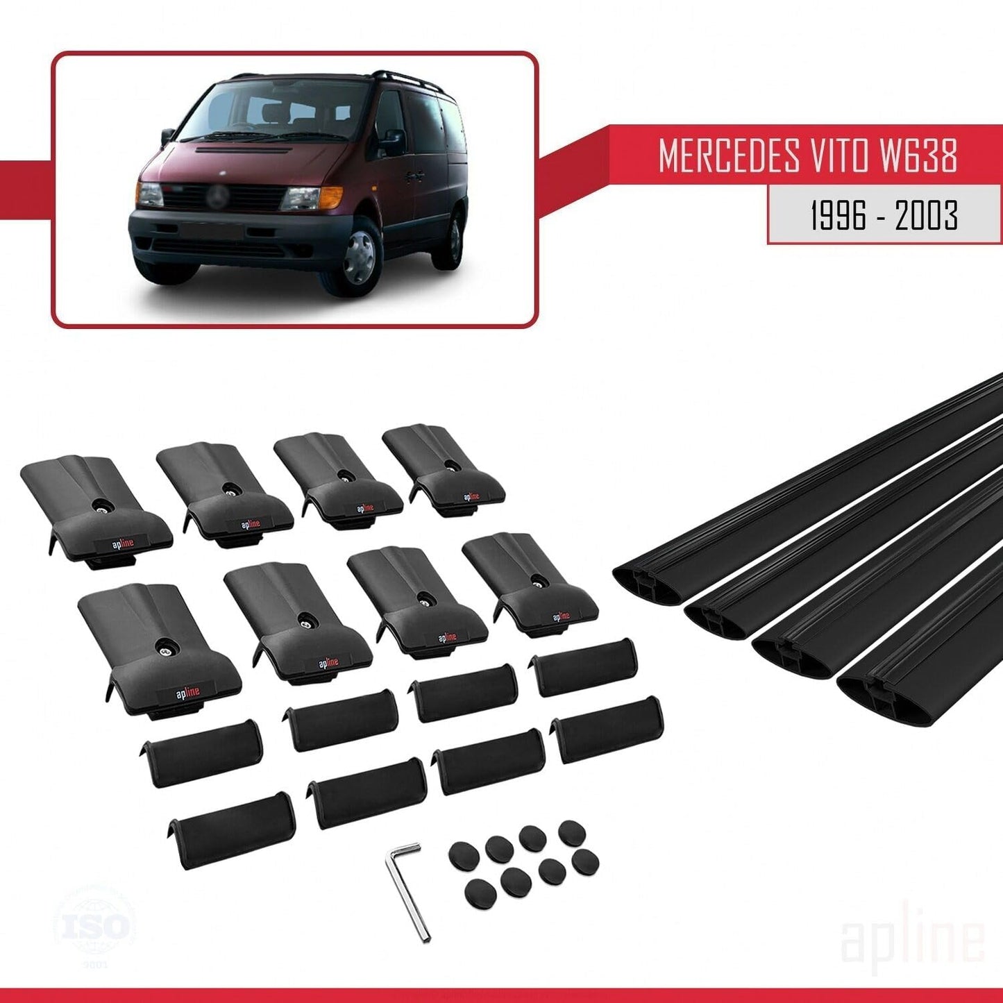 Compatible with Mercedes Vito (W638) 1996-2003 Fly Model Car Roof Rack Cross Bar Black Aluminium 4 Bars