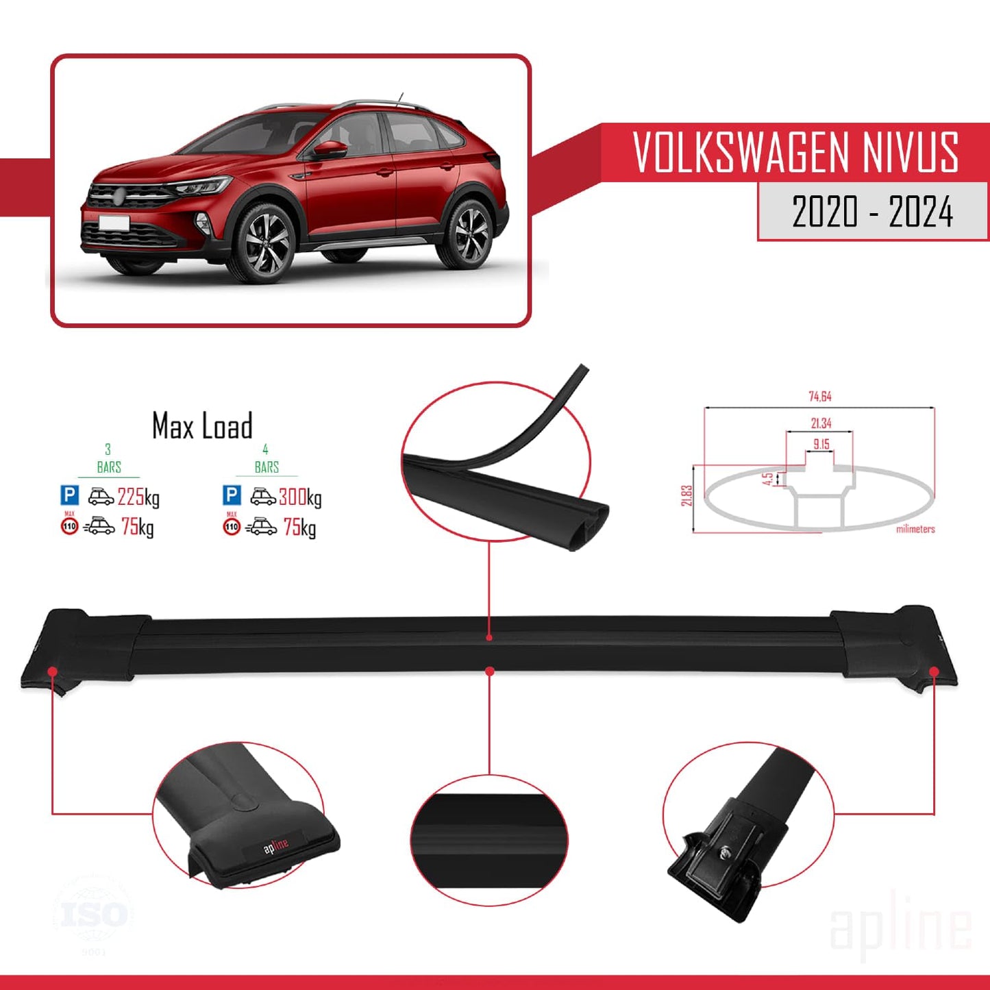 Compatible with VW Nivus 2020-2024 Fly Model Car Roof Rack Cross Bar Black Aluminium 3 Bars