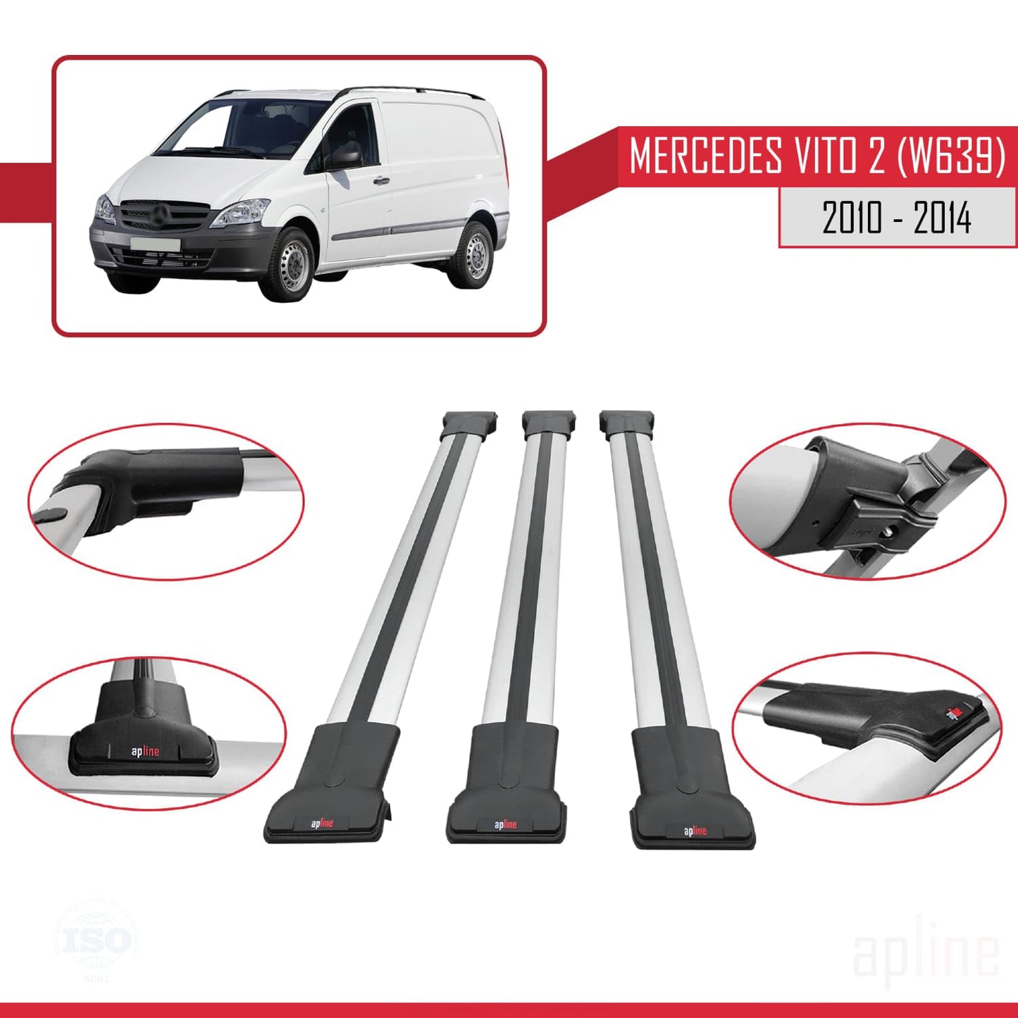 Compatible with Mercedes Vito 2 (W639) Post-Facelift 2010-2014 Fly Model Car Roof Rack Cross Bar Grey Aluminium 3 Bars