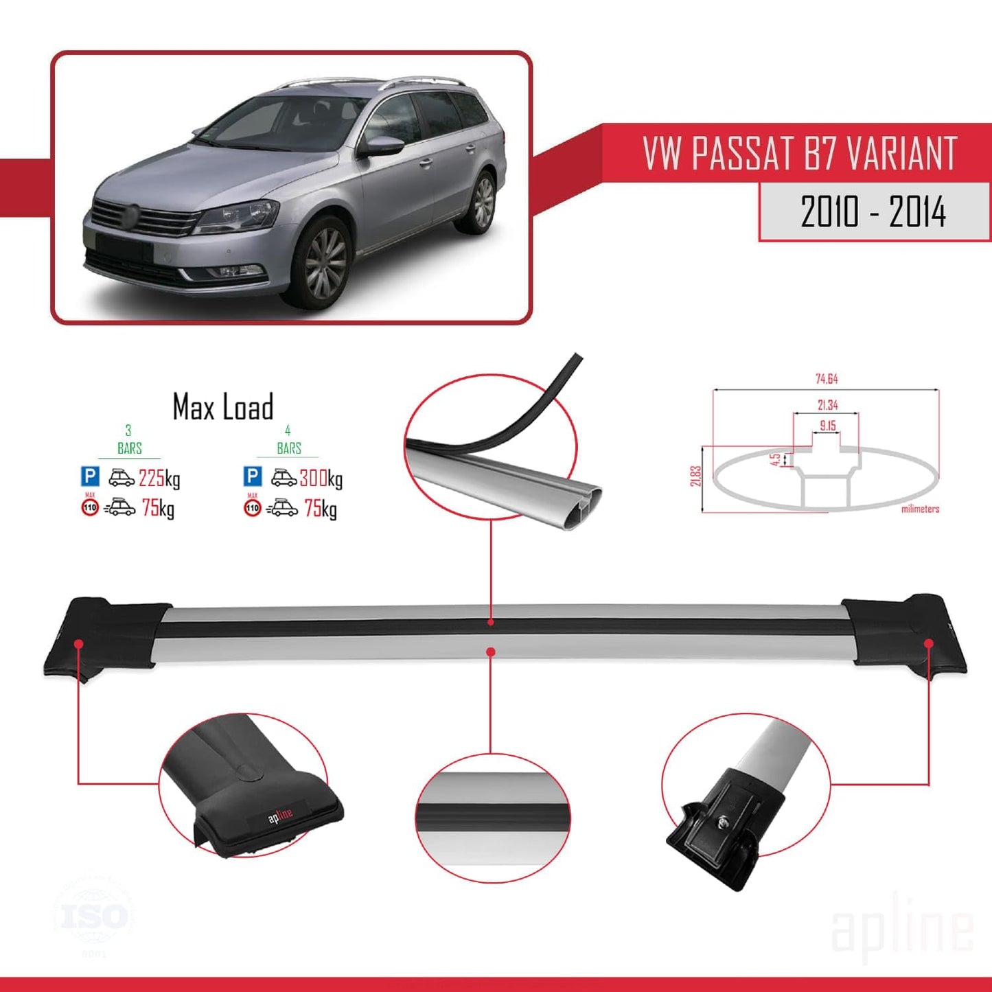 Compatible with Volkswagen Passat B7 (3C) Variant 2010-2014 Fly Model Car Roof Rack Cross Bar Grey Aluminium 3 Bars