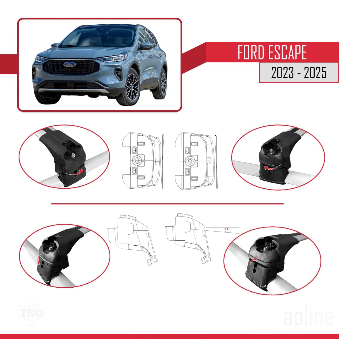 Compatible with Ford Escape 2023-2025 ACE-2 Car Roof Rack Cross Bar Grey Aluminium 2 Bars