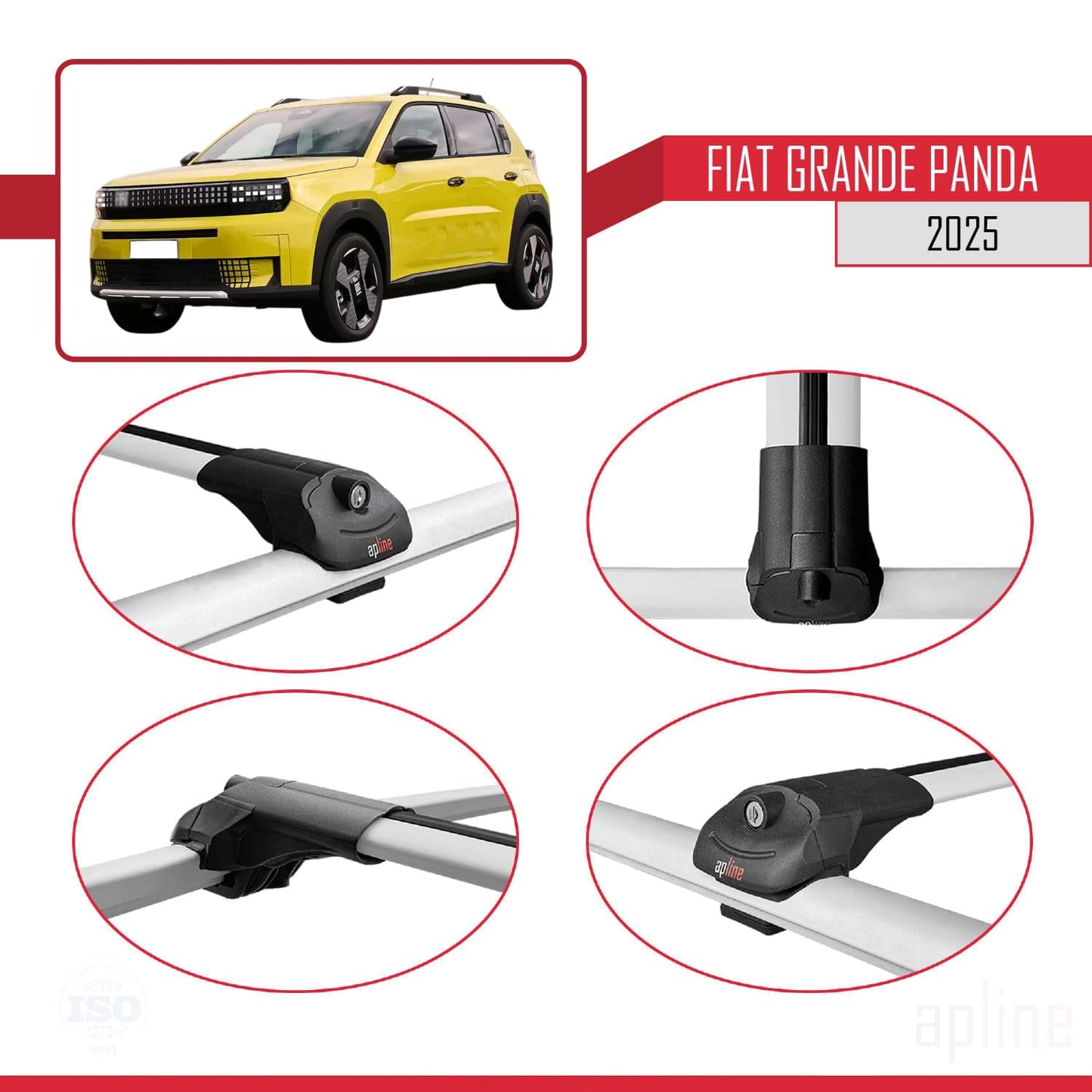 Compatible with Fiat Grande Panda 2025 ACE-1 Car Roof Rack Cross Bar Grey Aluminium 2 Bars