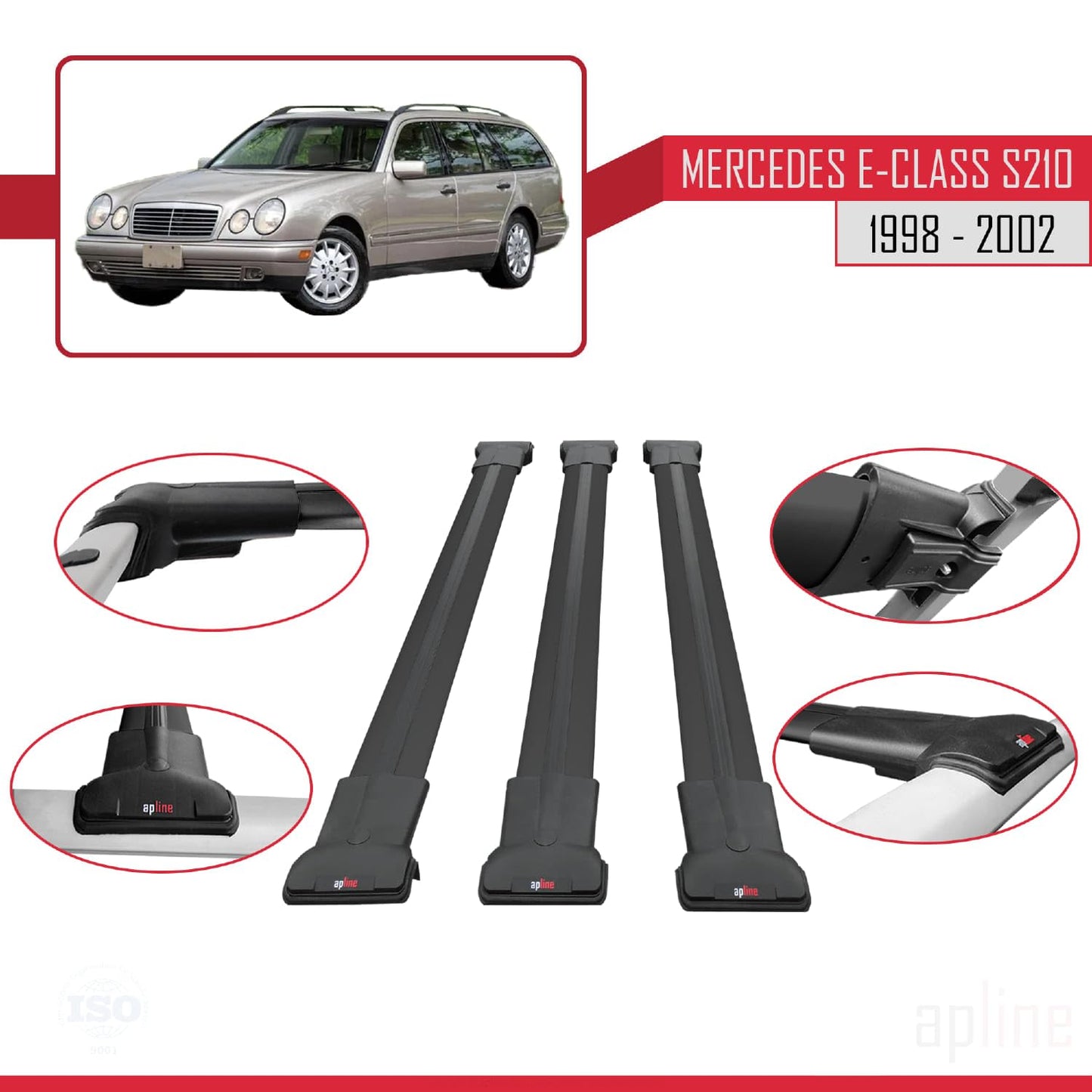 Compatible with Mercedes E Class S210 Wagon 1998-2002 Fly Model Car Roof Rack Cross Bar Black Aluminium 3 Bars
