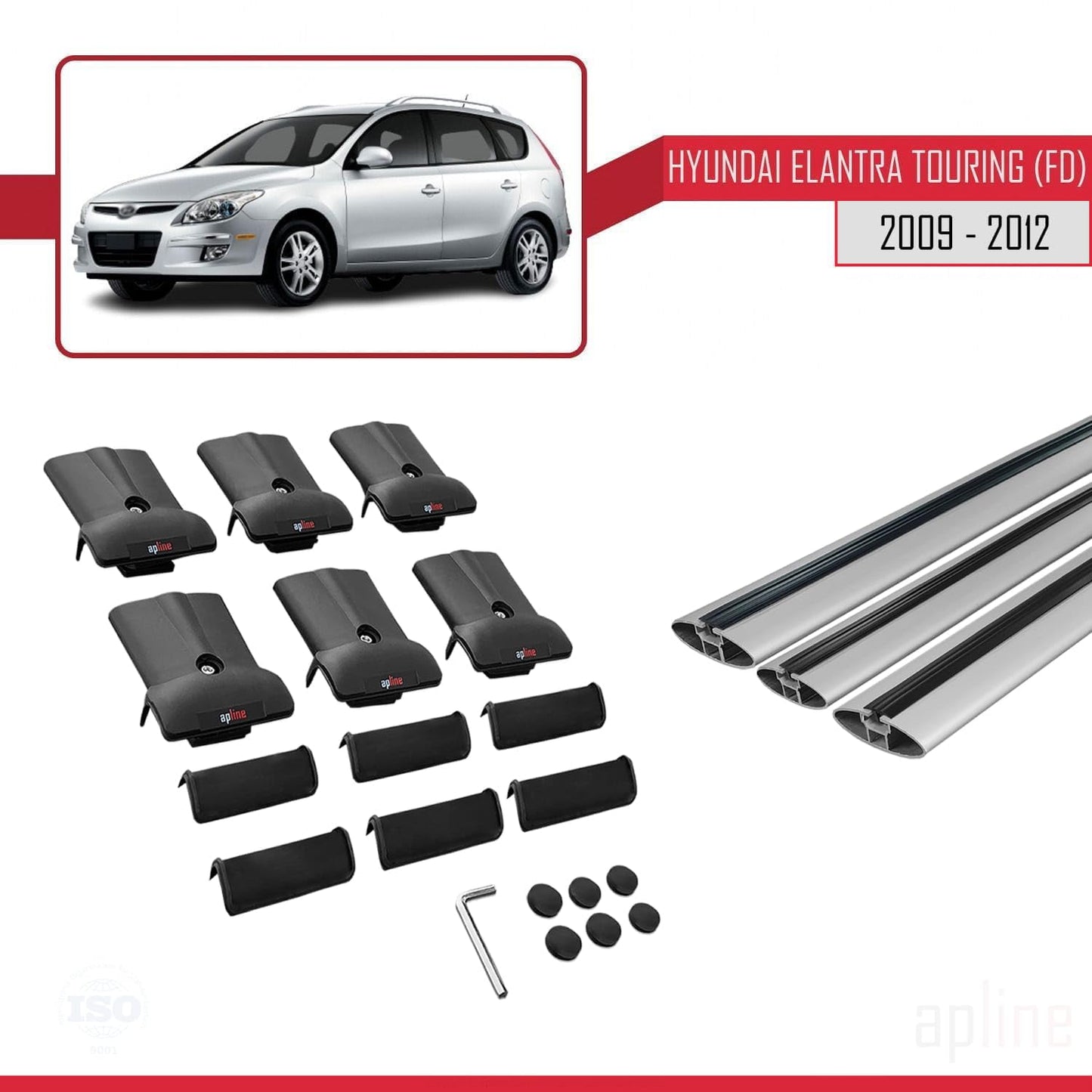 Compatible with Hyundai Elantra Touring (FD) 2009-2012 Fly Model Car Roof Rack Cross Bar Grey Aluminium 3 Bars
