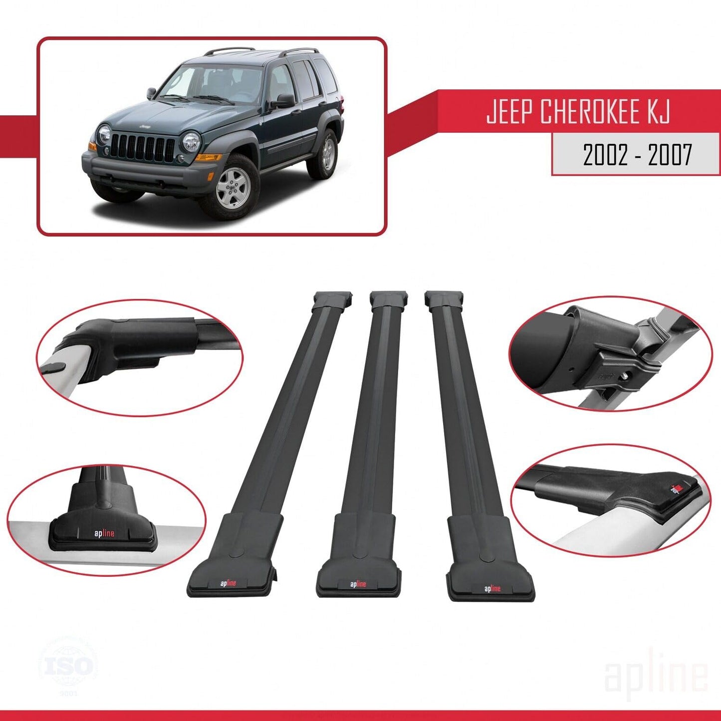Compatible with Jeep Cherokee 3 (KJ) 2002-2007 Fly Model Car Roof Rack Cross Bar Black Aluminium 3 Bars