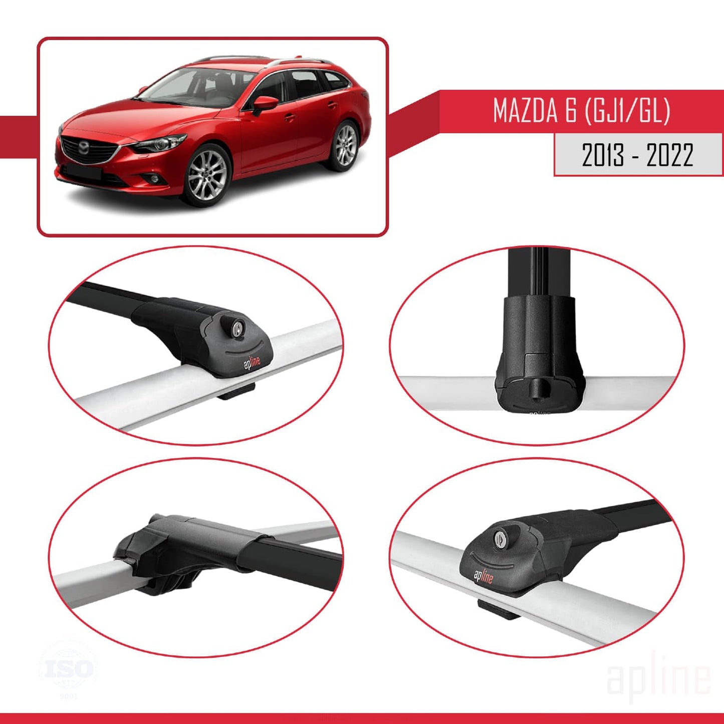 Compatible with Mazda 6 III (GJ1/GL) 2013-2022 ACE-1 Car Roof Rack Cross Bar Black Aluminium 2 Bars