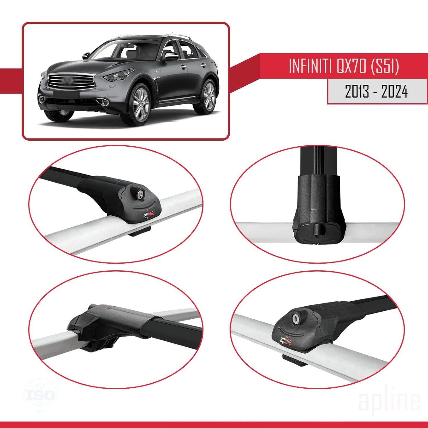 Compatible with Infiniti QX70 (S51) 2013-2017 ACE-1 Car Roof Rack Cross Bar Black Aluminium 2 Bars