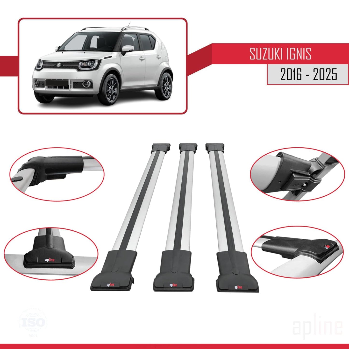 Compatible with Suzuki Ignıs 2016-2025 Fly Model Car Roof Rack Cross Bar Grey Aluminium 3 Bars