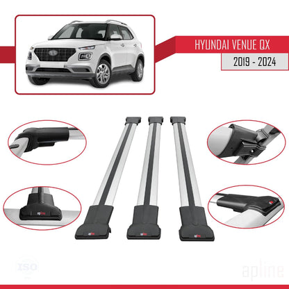 Compatible with Hyundai Venue (QX) 2019-2024 Fly Model Car Roof Rack Cross Bar Grey Aluminium 3 Bars