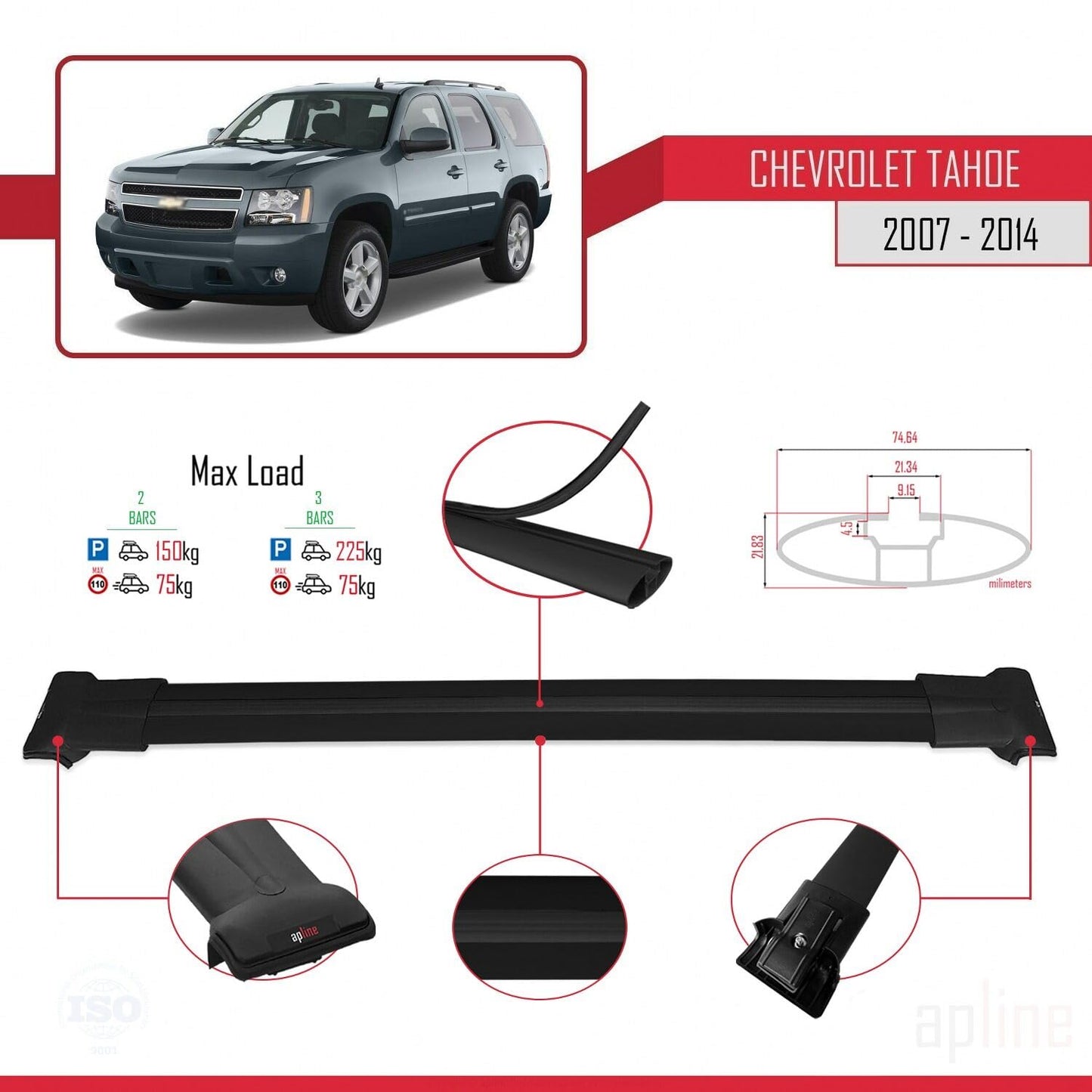 Compatible with Chevrolet Tahoe 3 2007-2014 Fly Model Car Roof Rack Cross Bar Black Aluminium 2 Bars