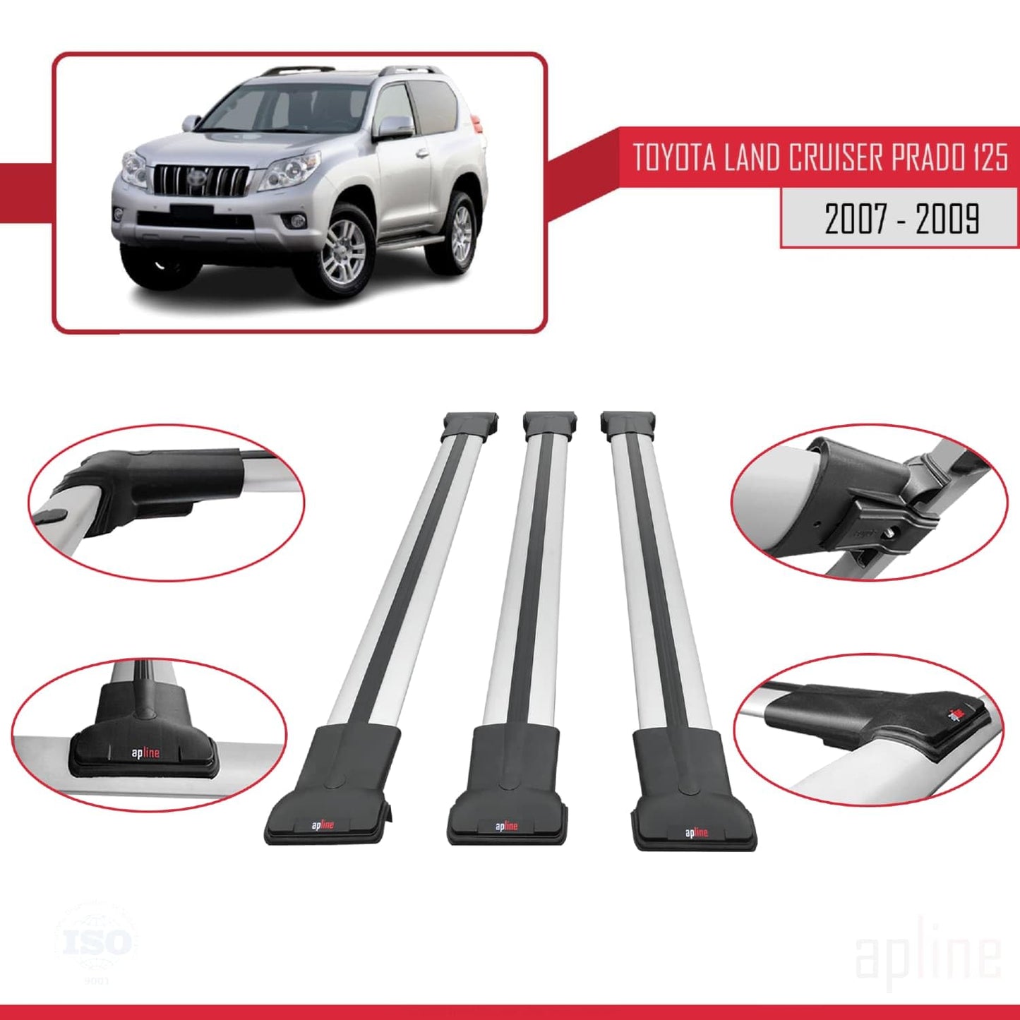 Compatible with Toyota Land Cruiser Prado (J125) 2007-2009 Fly Model Car Roof Rack Cross Bar Grey Aluminium 3 Bars