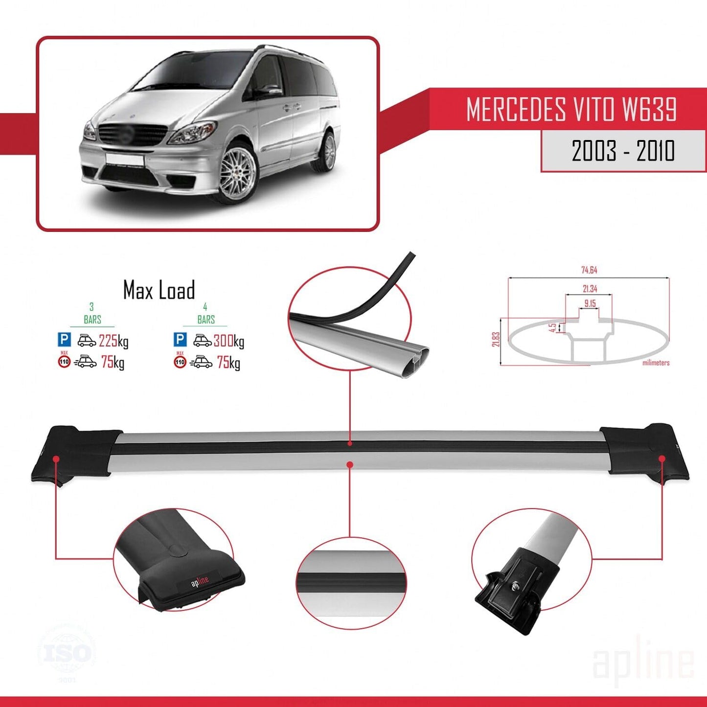 Compatible with Mercedes Vito 2 (W639) Pre-Facelift 2003-2010 Fly Model Car Roof Rack Cross Bar Grey Aluminium 3 Bars