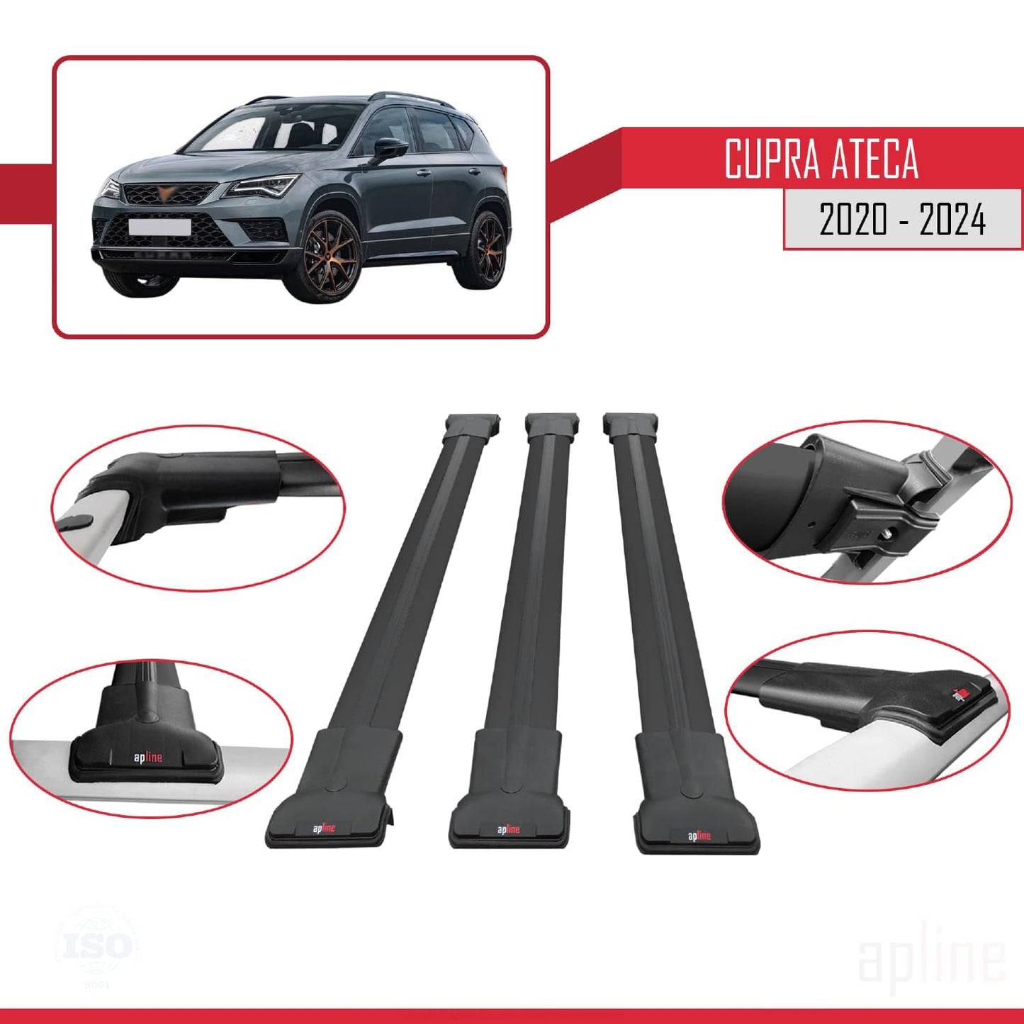 Compatible with Cupra Ateca 2020-2024 Fly Model Car Roof Rack Cross Bar Black Aluminium 3 Bars