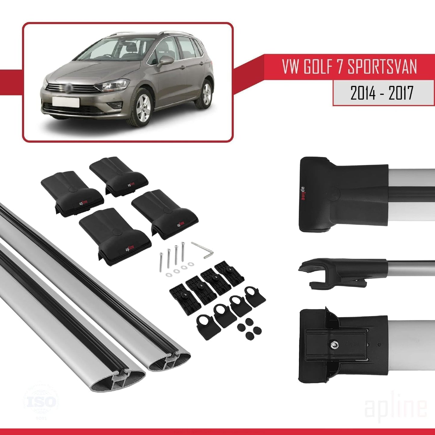 Compatible with Volkswagen Golf Sportvan 2014-2017 Fly Model Car Roof Rack Cross Bar Grey Aluminium 2 Bars