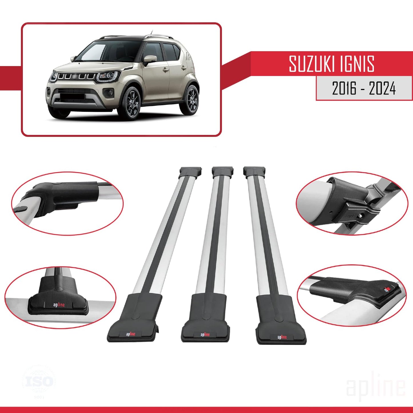 Compatible with Suzuki Ignis 2016-2024 Fly Model Car Roof Rack Cross Bar Grey Aluminium 3 Bars