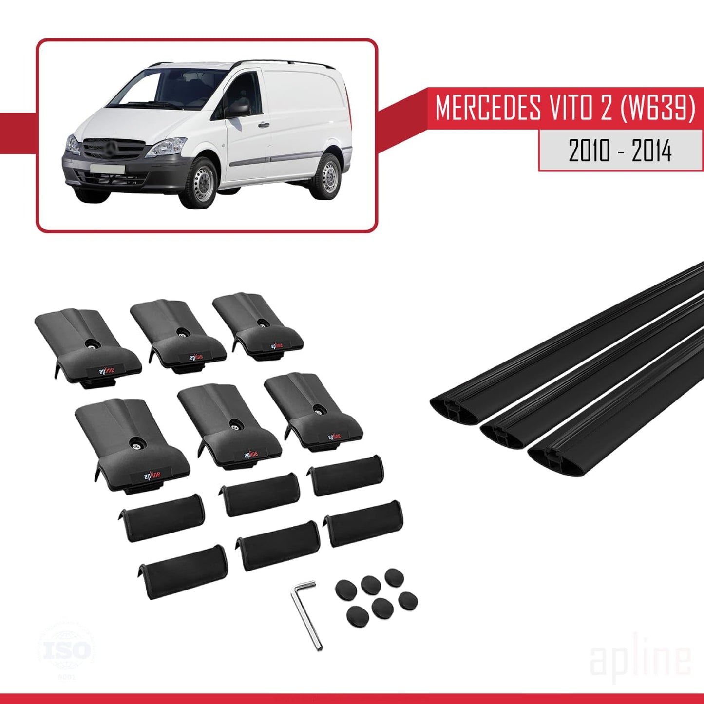 Compatible with Mercedes Vito 2 (W639) Post-Facelift 2010-2014 Fly Model Car Roof Rack Cross Bar Black Aluminium 3 Bars
