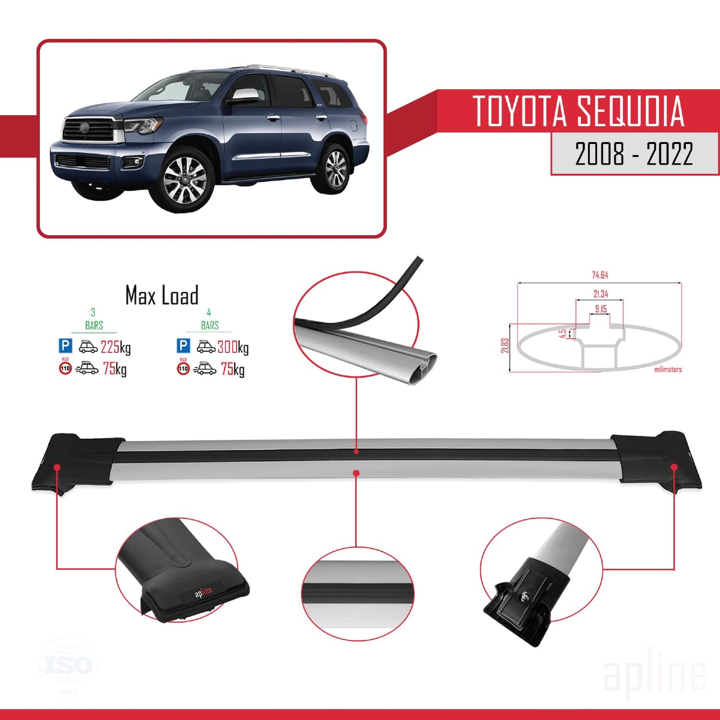 Compatible with Toyota Sequoia 2008-2022 Fly Model Car Roof Rack Cross Bar Grey Aluminium 3 Bars