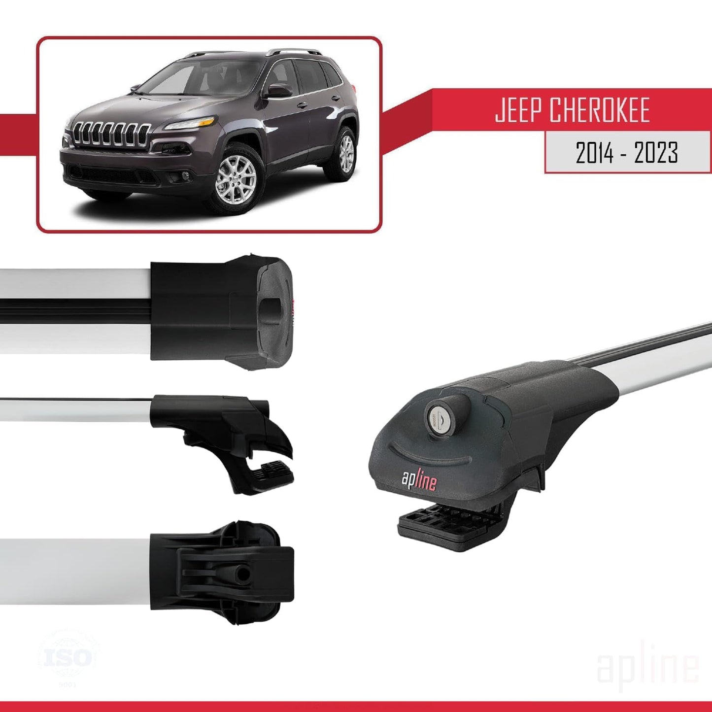 Compatible with Jeep Cherokee 5 (KL) 2014-2023 ACE-1 Car Roof Rack Cross Bar Grey Aluminium 3 Bars