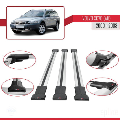Compatible with Volvo XC70 (P2) 2000-2007 Fly Model Car Roof Rack Cross Bar Grey Aluminium 3 Bars