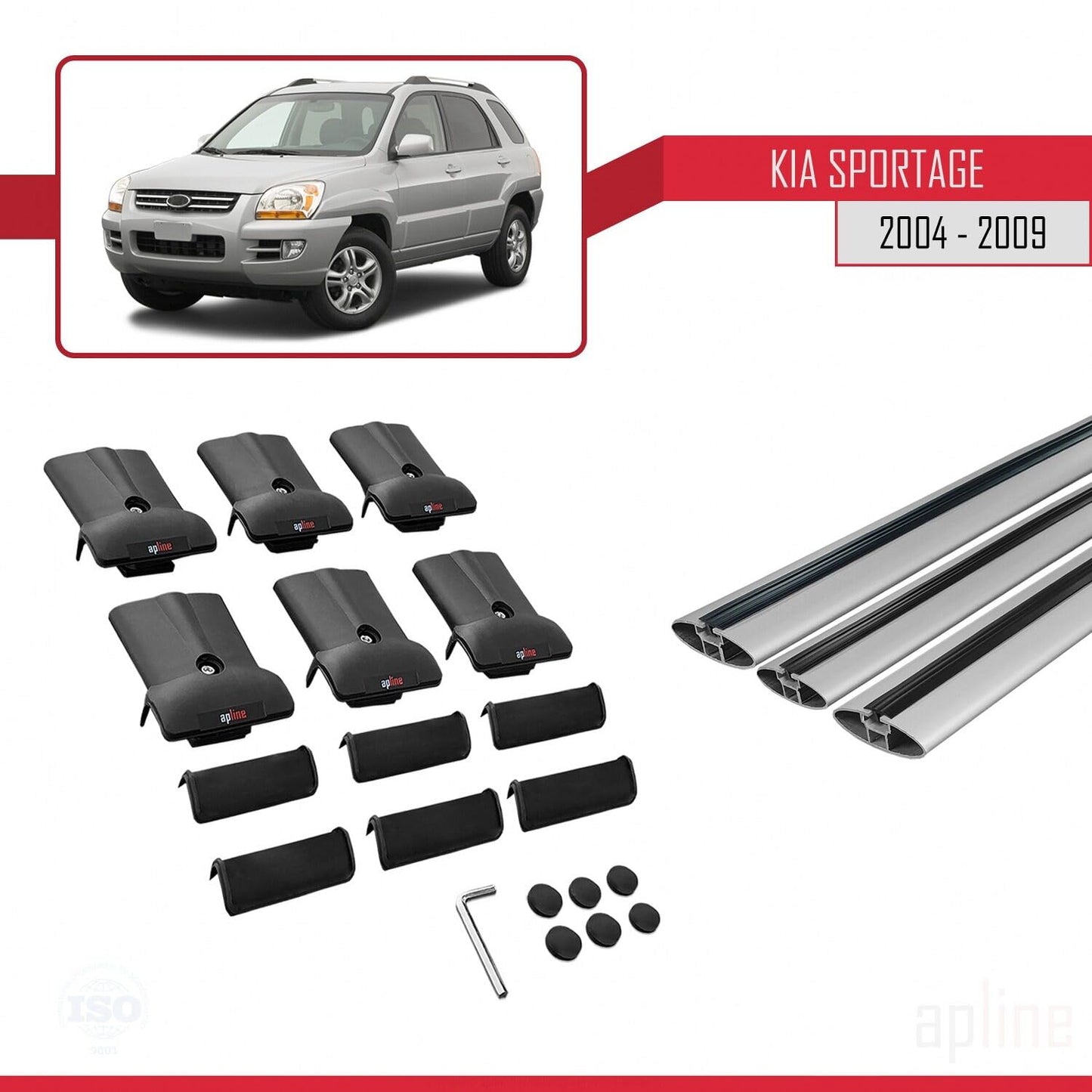 Compatible with Kia Sportage 2 (JE) 2004-2009 Fly Model Car Roof Rack Cross Bar Grey Aluminium 3 Bars