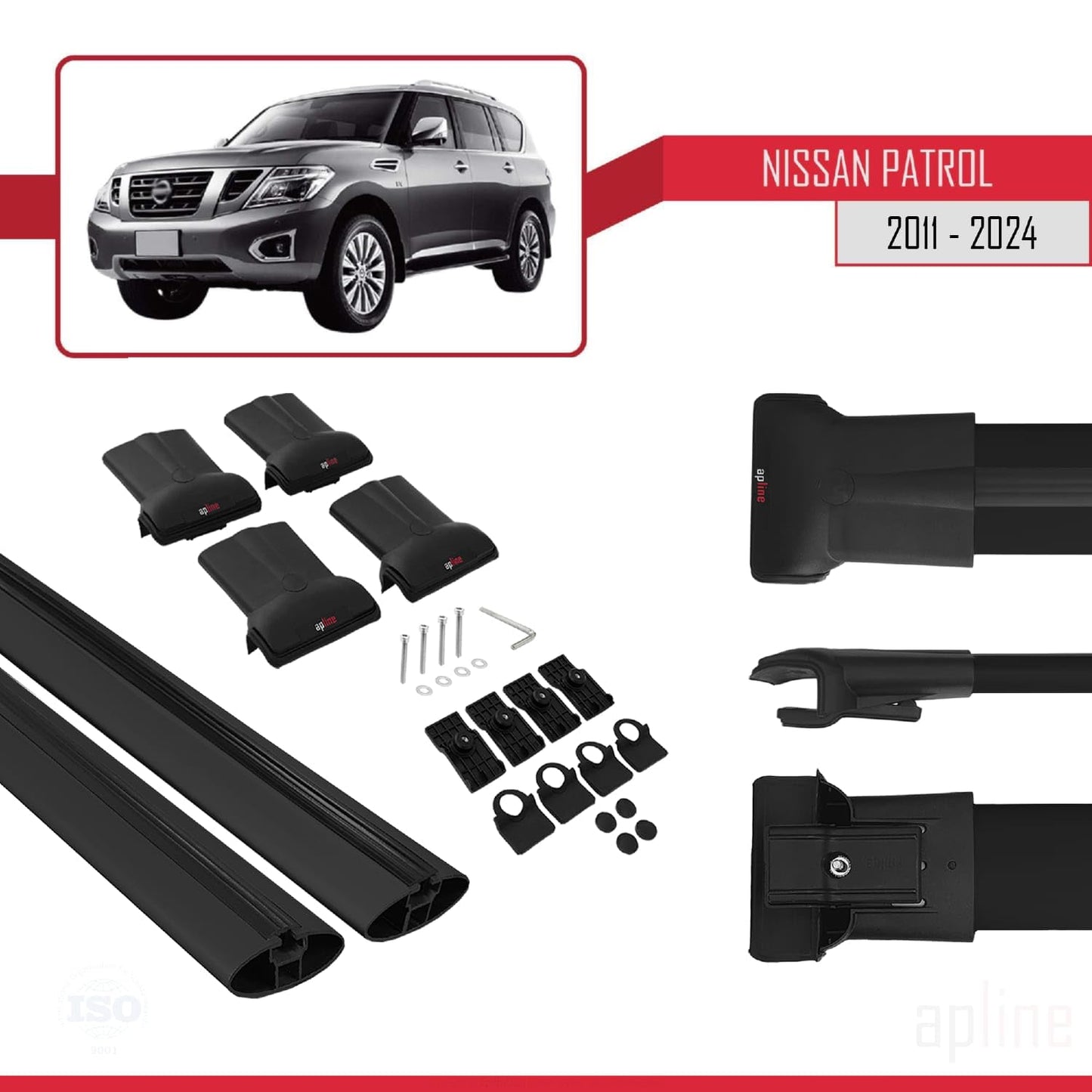 Compatible with Nissan Patrol 6 (Y62) 2011-2024 Fly Model Car Roof Rack Cross Bar Black Aluminium 2 Bars