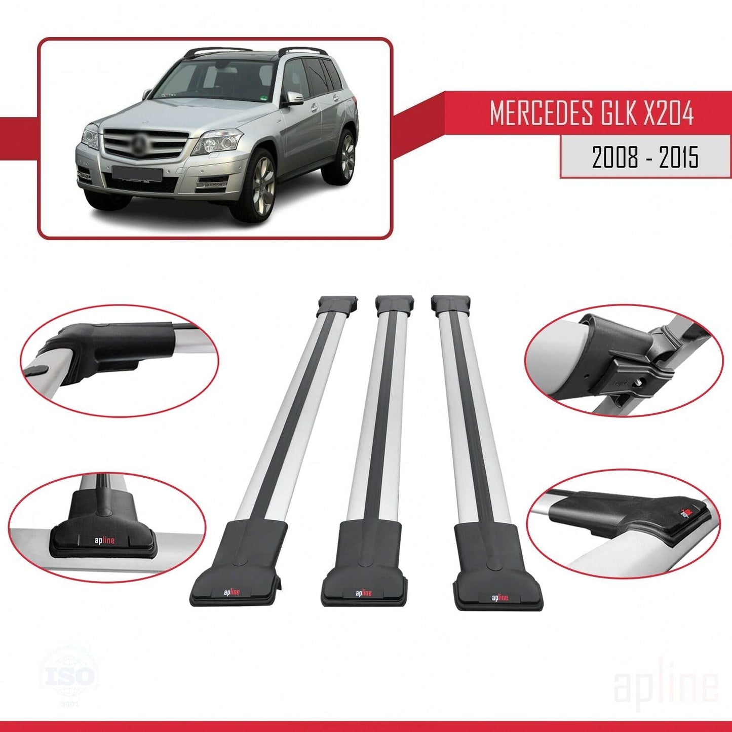 Compatible with Mercedes GLK Class (X204) 2008-2015 Fly Model Car Roof Rack Cross Bar Grey Aluminium 3 Bars