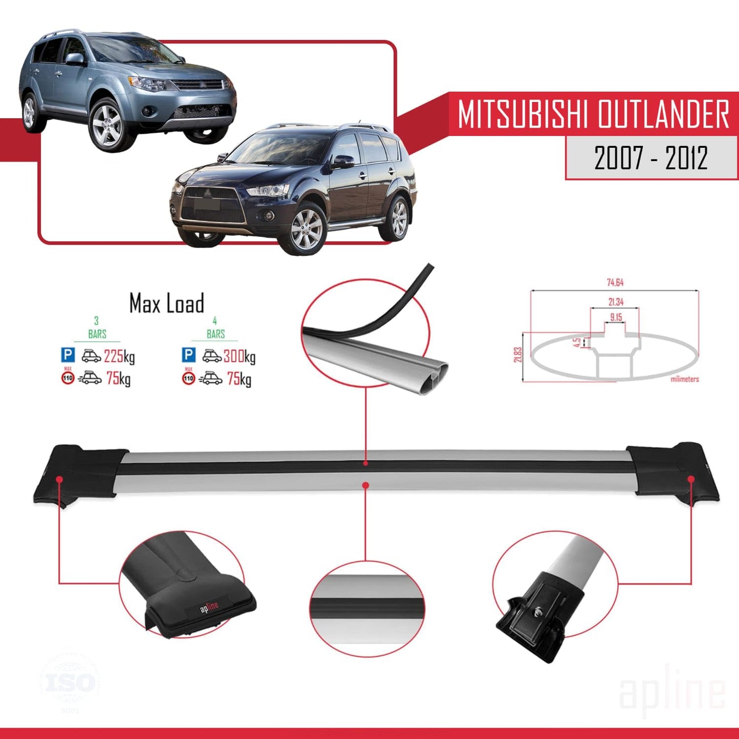 Compatible with Mitsubishi Outlander 2 2007-2012 Fly Model Car Roof Rack Cross Bar Grey Aluminium 2 Bars