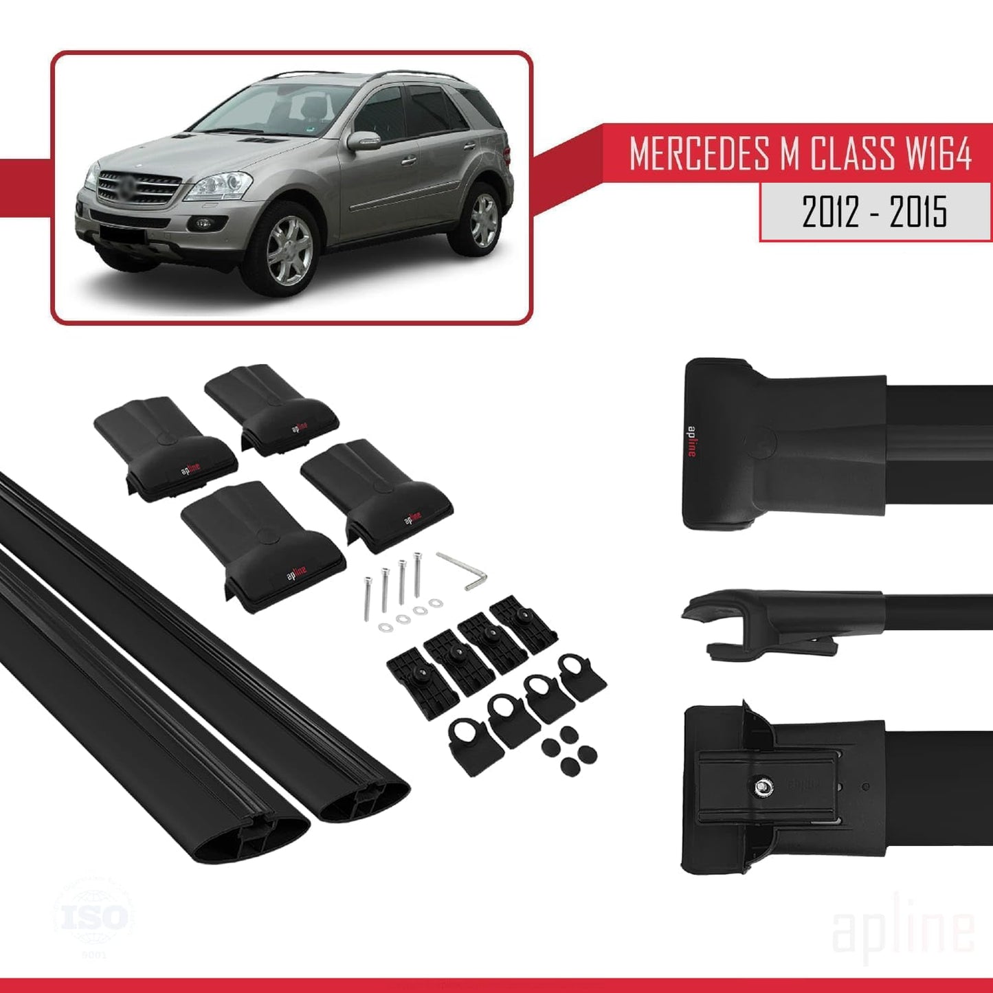 Compatible with Mercedes M Class 3 (W166) Pre-Facelift 2012-2015 Fly Model Car Roof Rack Cross Bar Black Aluminium 2 Bars