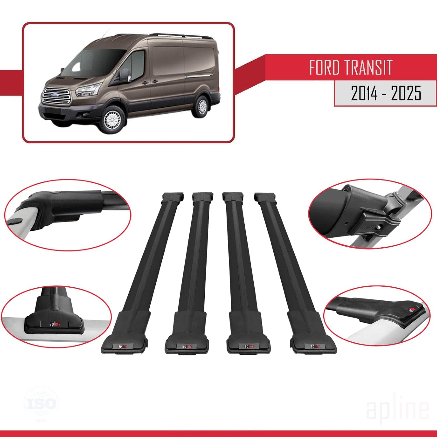 Compatible with Ford Transit 2014-2025 Fly Model Car Roof Rack Cross Bar Black Aluminium 4 Bars