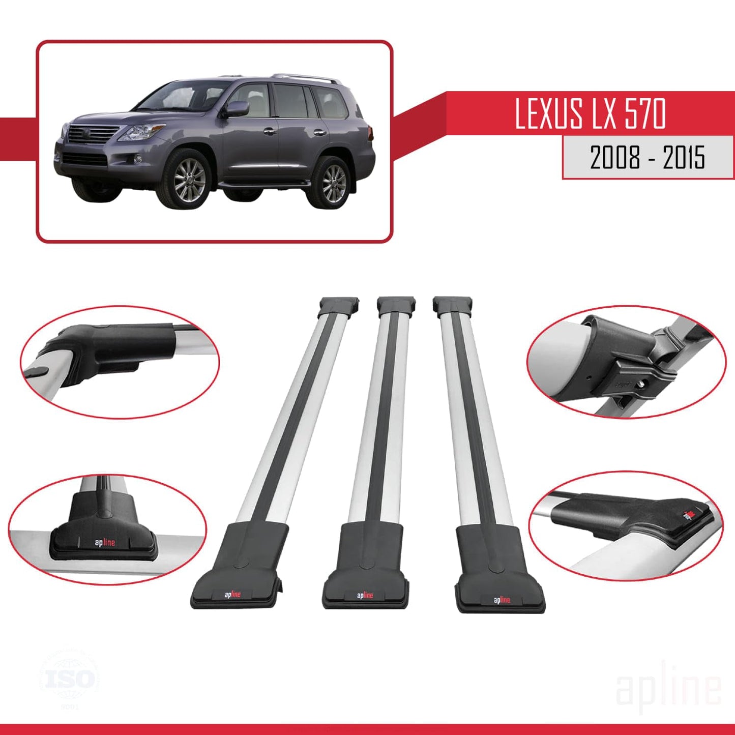 Compatible with Lexus LX 570 2008-2015 Fly Model Car Roof Rack Cross Bar Grey Aluminium 3 Bars