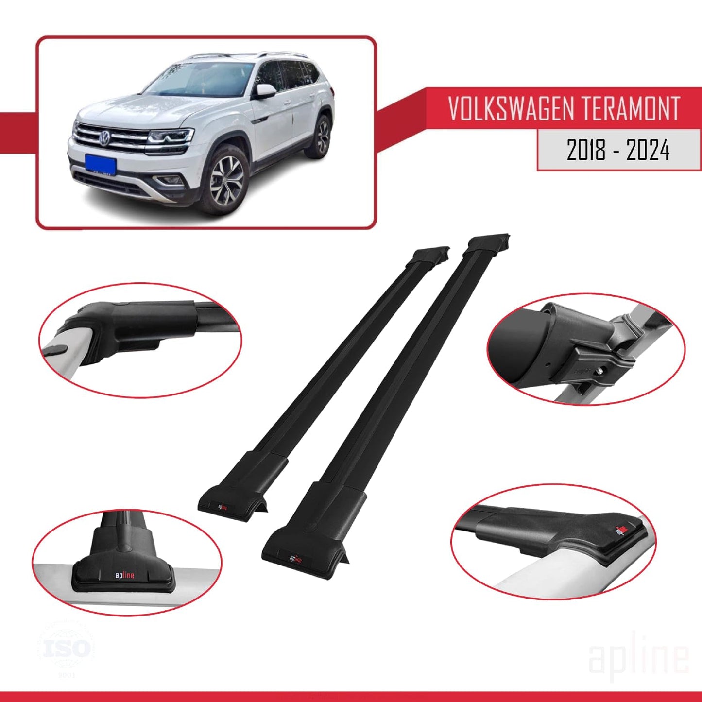 Compatible with Volkswagen Teramont (CA1) 2018-2024 Fly Model Car Roof Rack Cross Bar Black Aluminium 2 Bars