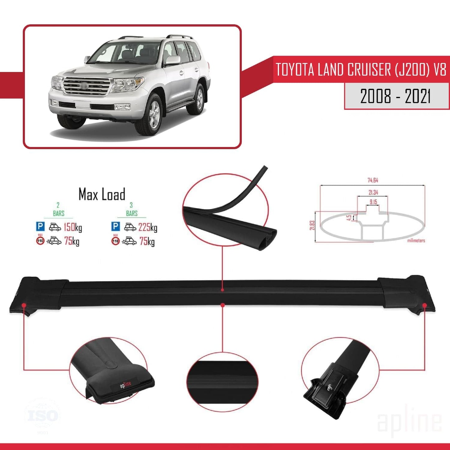 Compatible with Toyota Land Cruiser V8 (J200) 2008-2021 Fly Model Car Roof Rack Cross Bar Black Aluminium 2 Bars