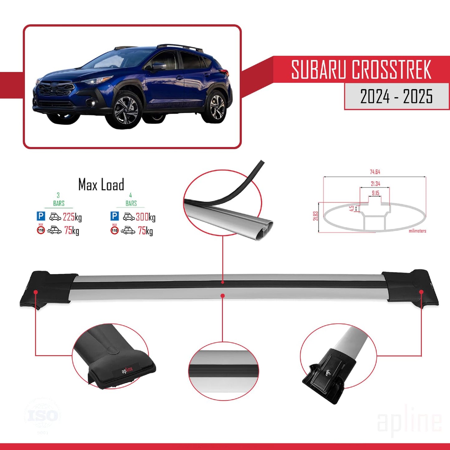 Compatible with Subaru Crosstrek 2024-2025 Fly Model Car Roof Rack Cross Bar Grey Aluminium 3 Bars