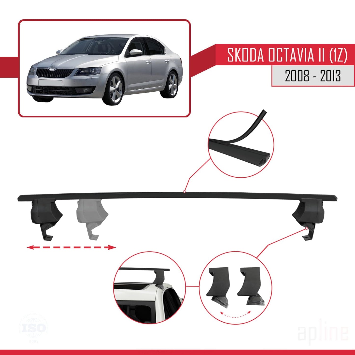 Compatible with Skoda Octavia 2 (1Z) Post-Facelift 2008-2013 ACE-4 Car Roof Rack Cross Bar Black Aluminium 2 Bars