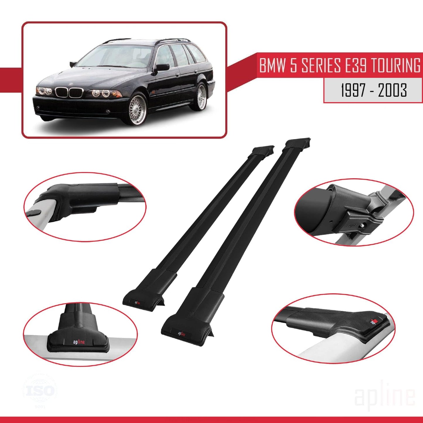 Compatible with BMW 5 Series (E39) Touring 1997-2003 Fly Model Car Roof Rack Cross Bar Black Aluminium 2 Bars