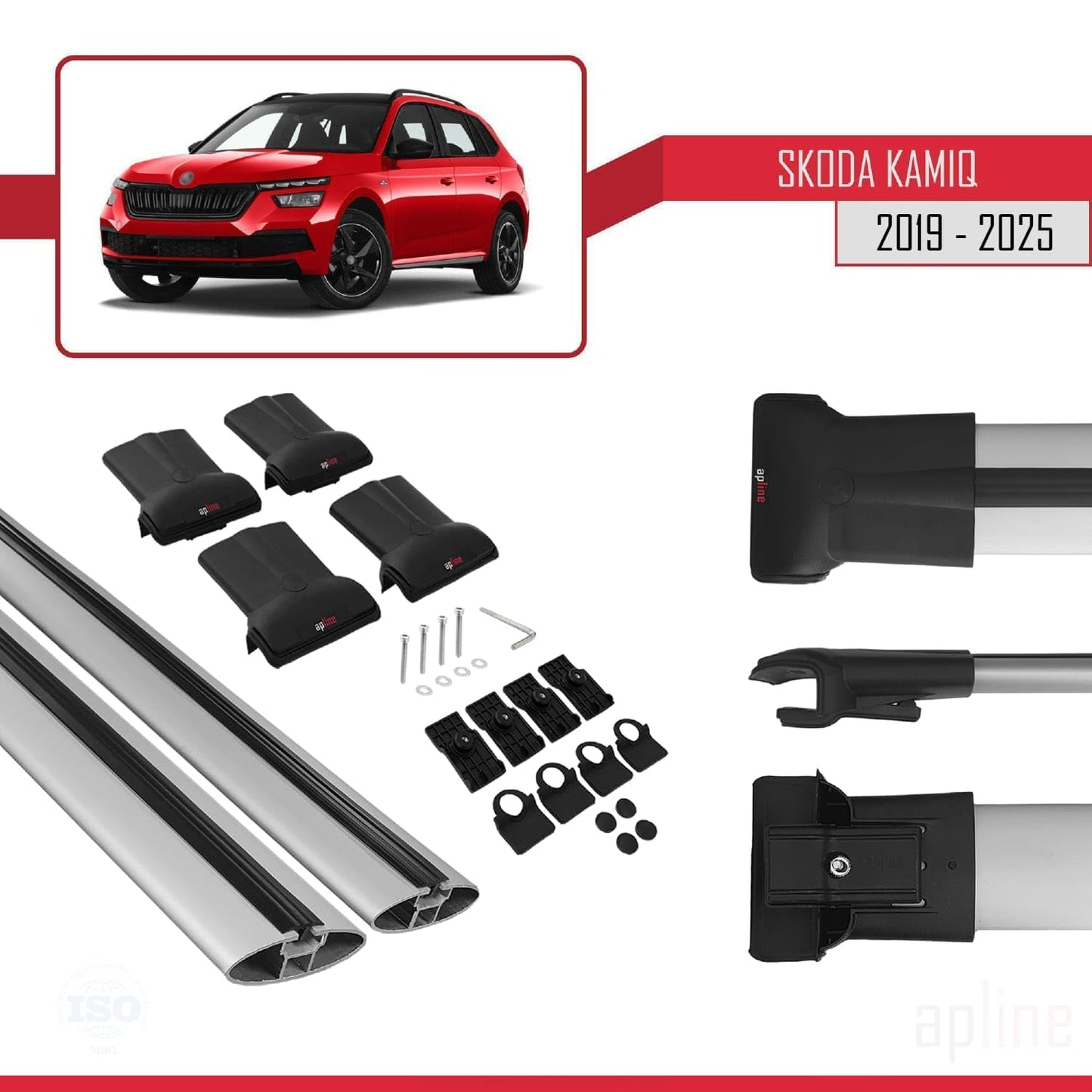 Compatible with Skoda Kamiq 2019-2025 Fly Model Car Roof Rack Cross Bar Grey Aluminium 2 Bars