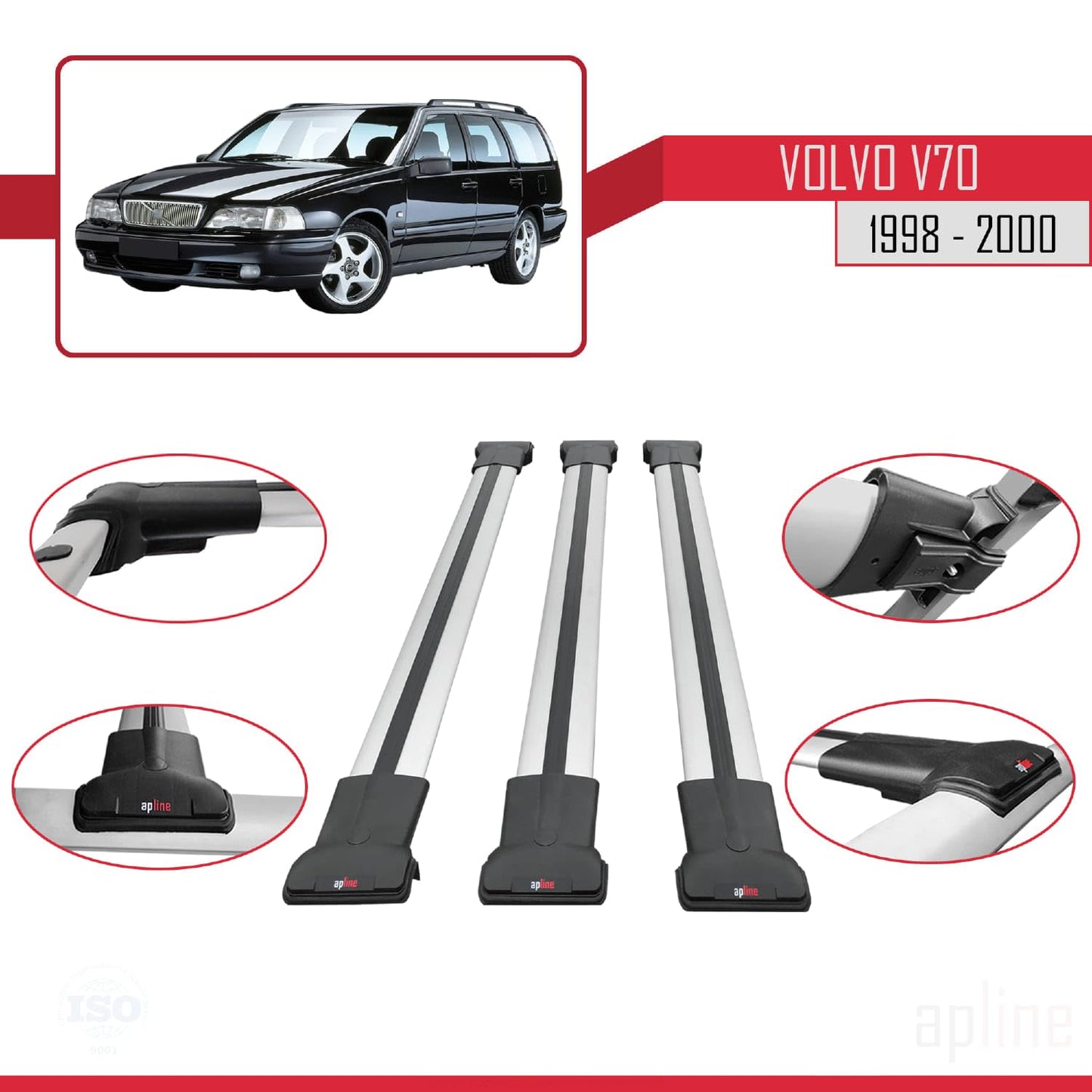 Compatible with Volvo V70 1998-2000 Fly Model Car Roof Rack Cross Bar Grey Aluminium 3 Bars